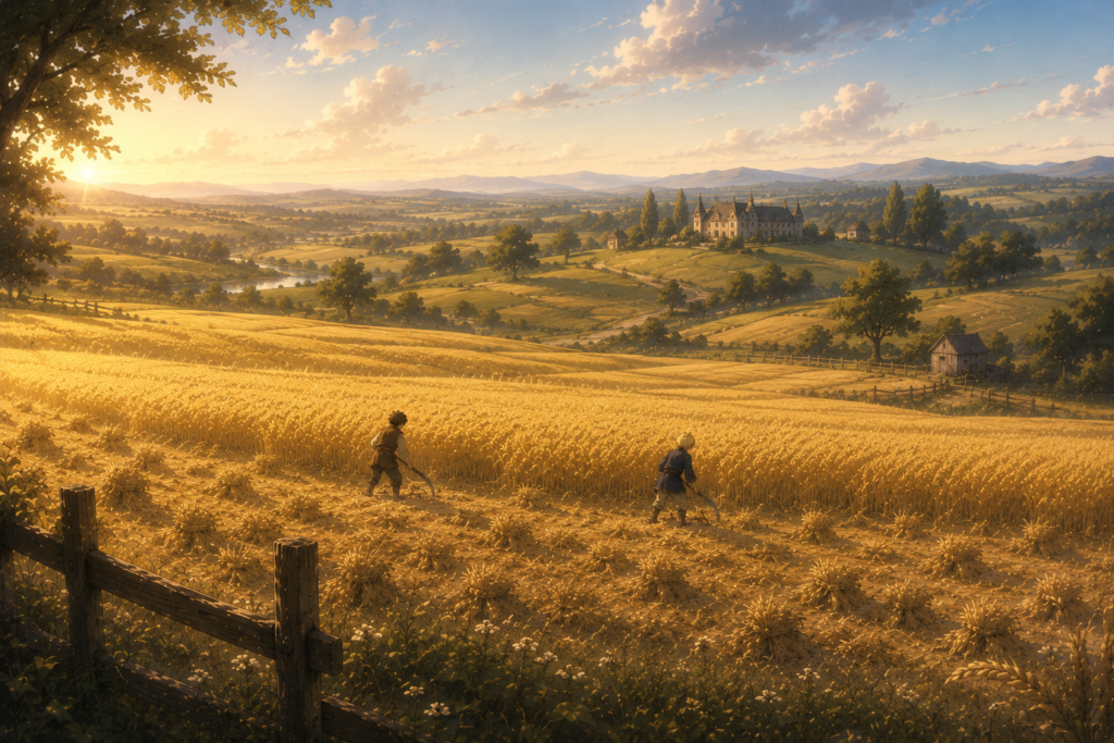 Geon and Spencer harvest wheat together across a vast golden field beneath the autumn sky, competing with sickles while a quiet manor overlooks the peaceful countryside of Aldred.