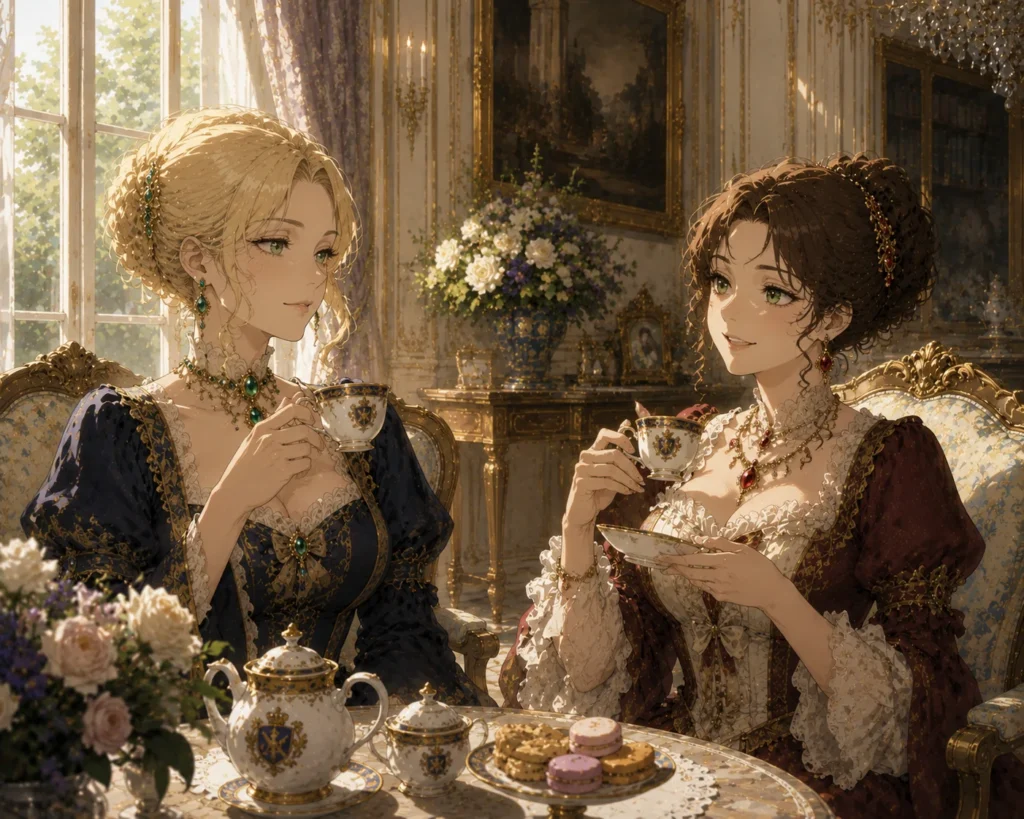 Lady Smith and Lady Hilson share tea and conversation inside the sunlit drawing room of the Smith family manor, unaware of the accident unfolding upstairs, from the Dragon Slayers fantasy series.