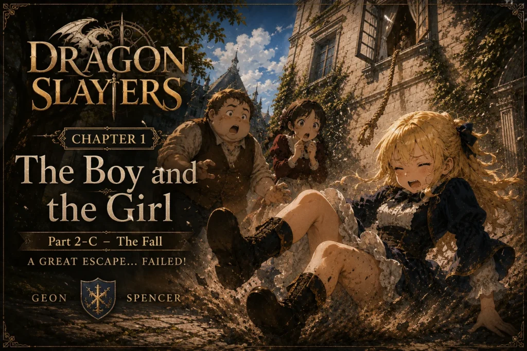 Sophia Smith crashes into the courtyard after falling from a rope tied to her third-floor bedroom window, while her friends Poby and Jessie watch in shock outside the Smith family manor, from the Dragon Slayers fantasy series.