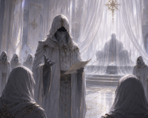 A hooded strategist named Darby delivering his report before the Silent Emperor inside the White Sanctuary, while mysterious followers stand in silence and the Emperor remains hidden behind flowing white curtains in an epic fantasy setting.