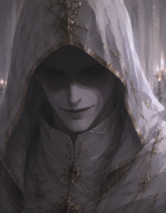 A mysterious hooded strategist named Darby with pale skin and a subtle sinister smile, his eyes hidden beneath a white hood as he serves the Silent Emperor inside the White Sanctuary in an epic fantasy world.