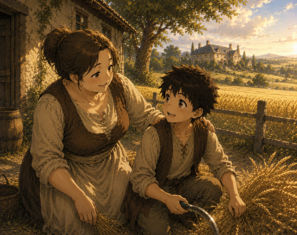 Young Geon harvesting wheat beside his mother Molly in the golden fields of the Kingdom of Aldred, sharing a warm family moment during the autumn harvest in an epic fantasy setting.