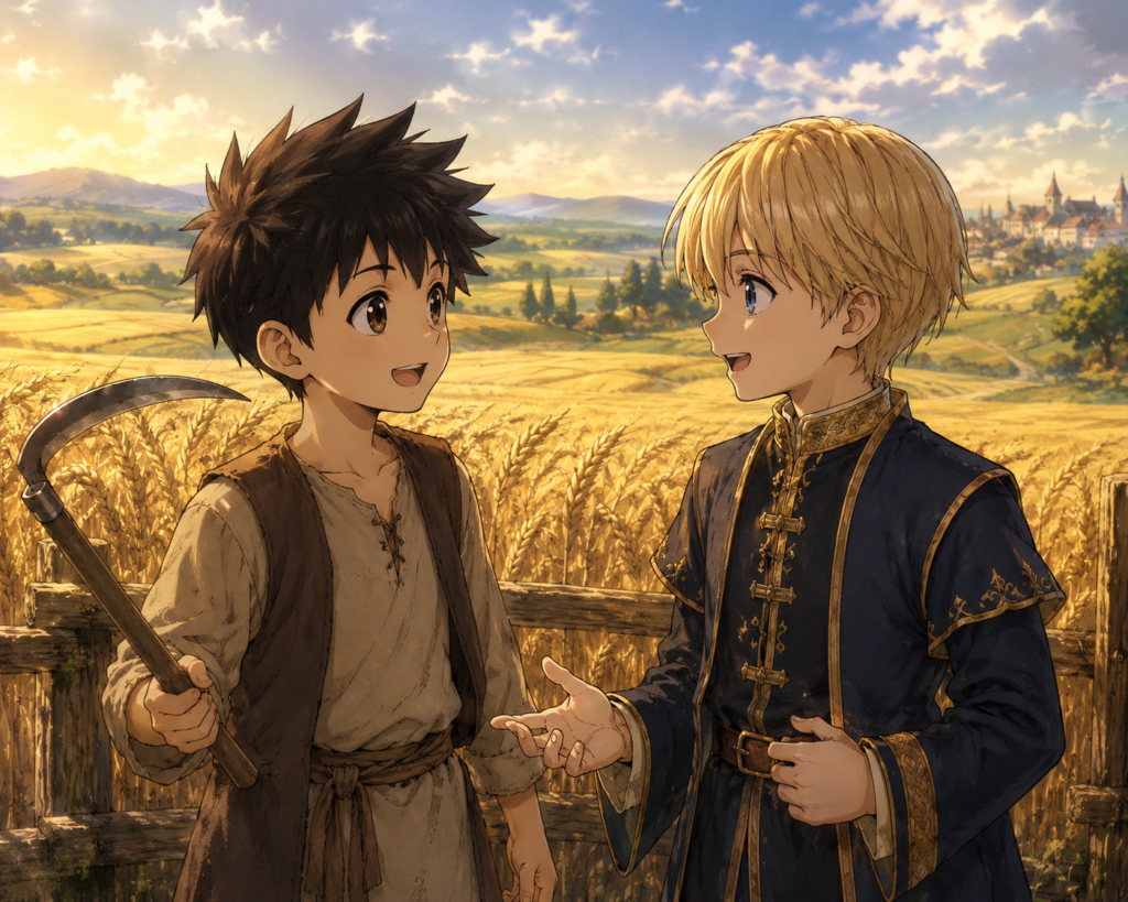 Young Geon, a peasant boy, talks with his noble friend Spencer beside a golden wheat field in the peaceful countryside of the Kingdom of Aldred during autumn.