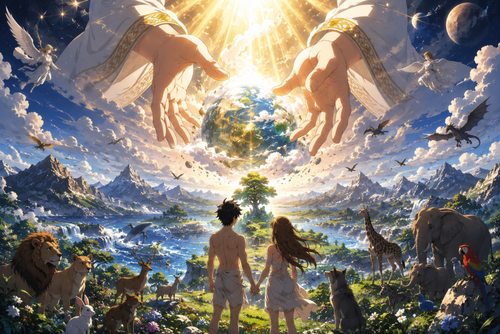 A fantasy illustration of God's divine hands creating the world and mankind, with Adam and Eve standing in a beautiful paradise surrounded by nature and animals.
