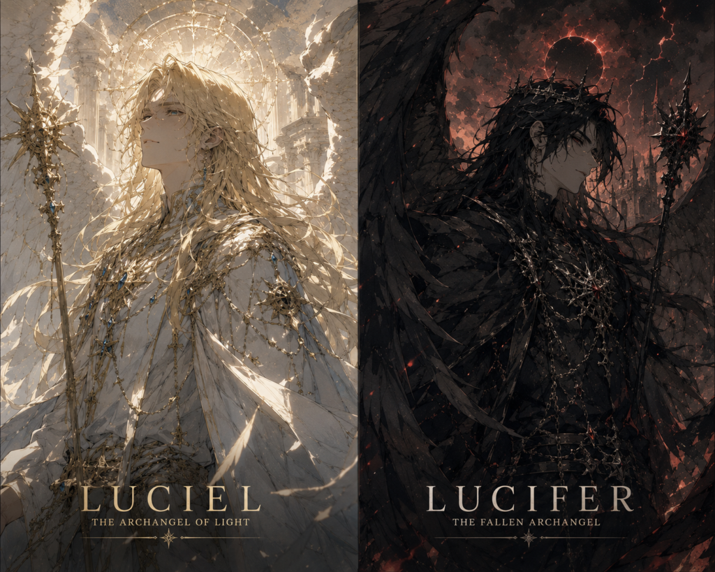 A split fantasy illustration showing Luciel, the radiant Archangel of Light, contrasted with Lucifer, the fallen ruler of the Infernal Realm after his rebellion against Heaven.