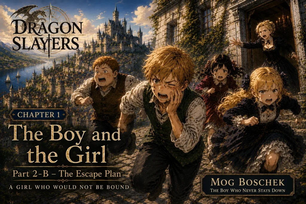 Mog Boschek runs with Sophia Smith, Poby, and Jessie while escaping from Lady Smith outside the Smith family manor after Sophia falls during a failed rope escape, from the Dragon Slayers fantasy series.