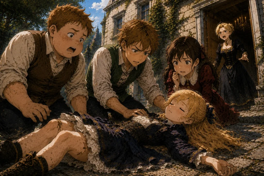 Mog Boschek kneels beside the unconscious Sophia Smith after her fall, while Poby, Jessie, and Lady Smith watch in shock outside the Smith family manor, from the Dragon Slayers fantasy series.