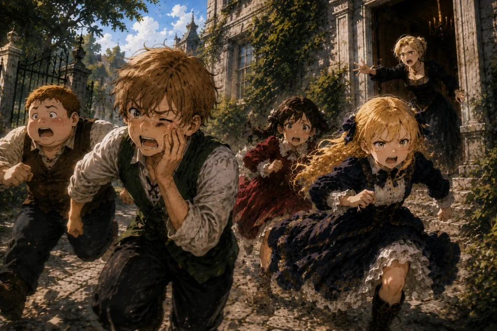 Sophia Smith leads Mog, Poby, and Jessie in a frantic escape after Lady Smith catches them outside the Smith family manor, from the Dragon Slayers fantasy series.