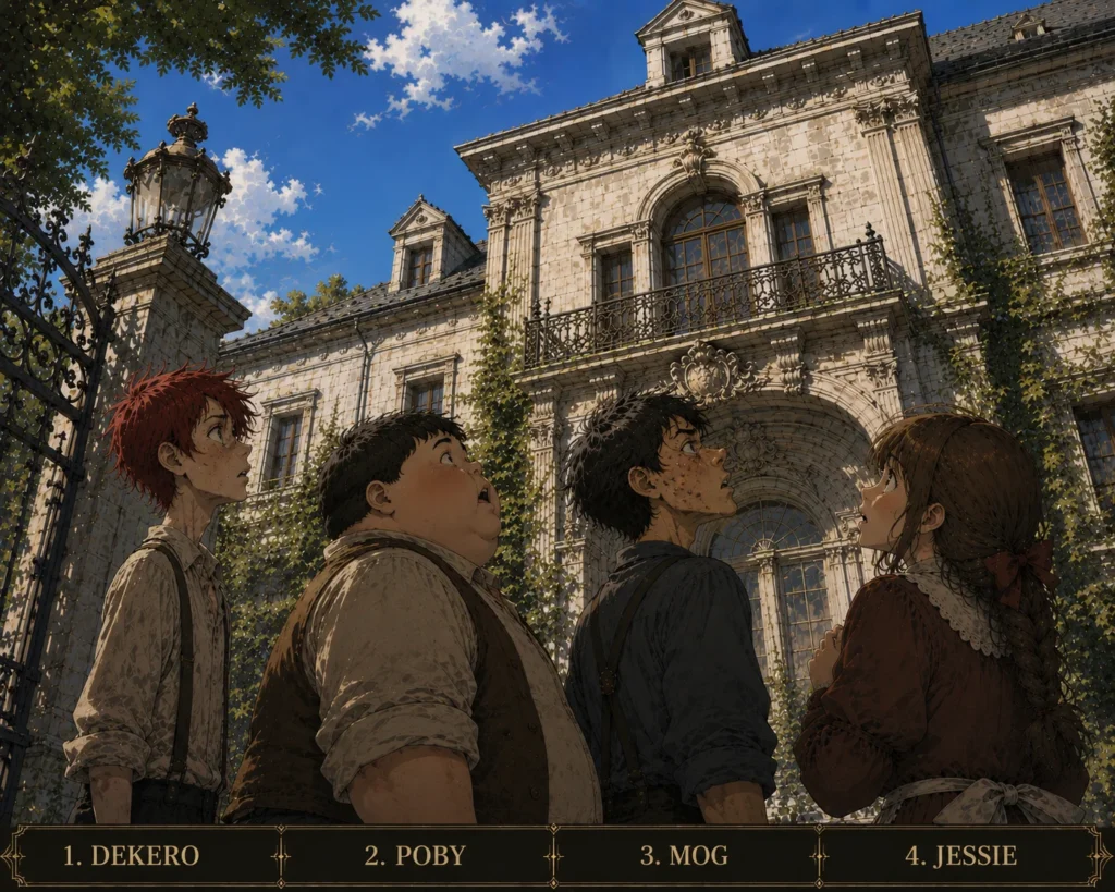 Dekero, Poby, Mog, and Jessie stand outside the Smith family manor, anxiously looking up toward Sophia's third-floor window, from the Dragon Slayers fantasy series.