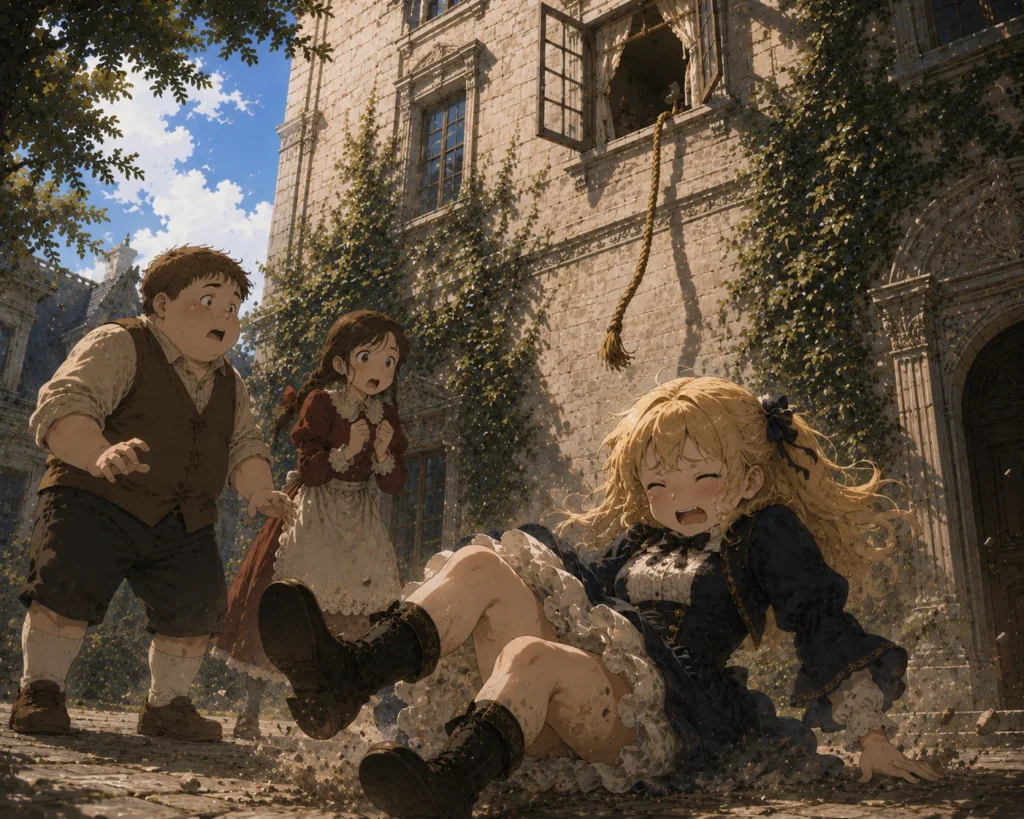 Sophia Smith crashes into the courtyard after falling from a rope tied to her third-floor bedroom window, while her friends Poby and Jessie watch in shock outside the Smith family manor, from the Dragon Slayers fantasy series.