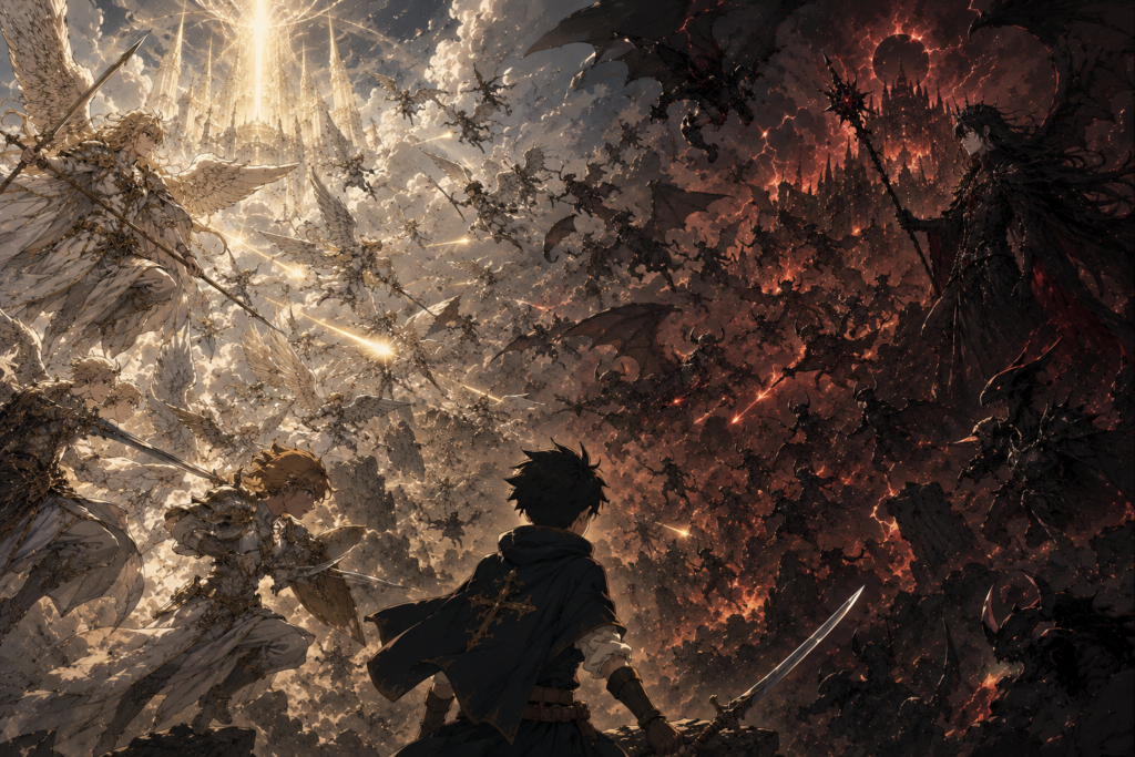 An epic fantasy illustration of the War of the Angels, where the radiant armies of the Celestial Realm clash against the demonic legions of the Infernal Realm under the command of Lucifer, with Heaven and Hell divided across the battlefield.