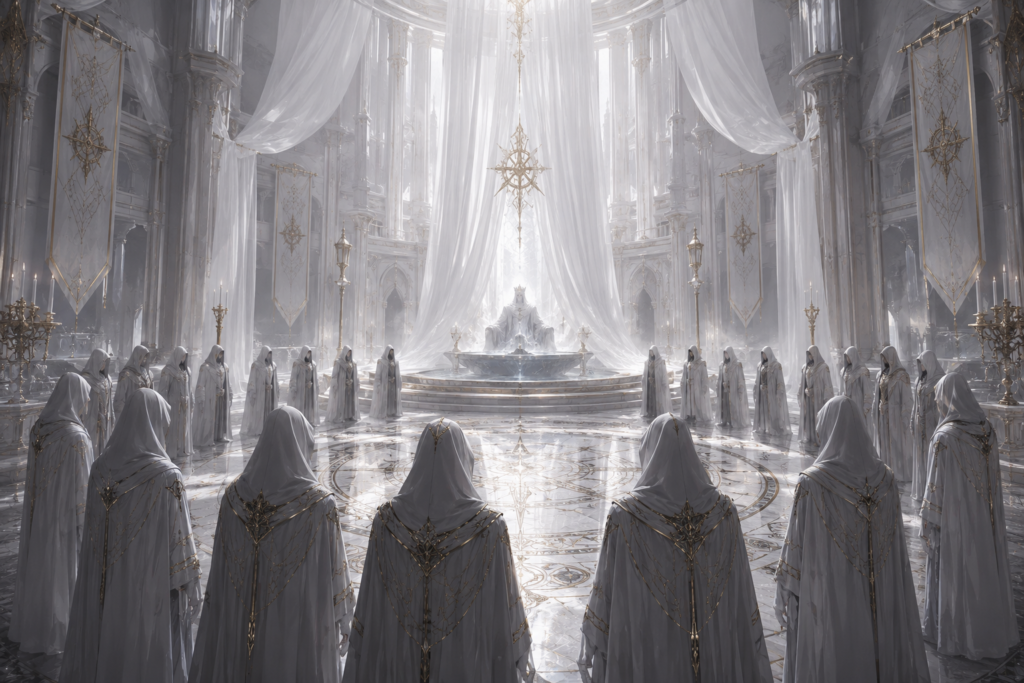A majestic white sanctuary with towering marble pillars, twenty hooded followers surrounding a steaming bath concealed behind white curtains, where the mysterious Emperor secretly resides in an epic fantasy world.